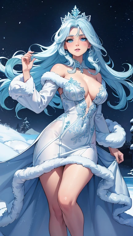 (best quality,4k,highres,masterpiece:1.2),ultra-detailed,(realistic,photorealistic,photo-realistic:1.37),beautiful ice princess with white fur,sparkling blue eyes,strong emotions, playful and innocent smile,frosty breath in the freezing air,snowflakes falling gently from the sky,glistening snow-covered landscape,icy blue light illuminating the scene, ethereal aurora borealis in the background,delicate snowflakes in mid-air,detailed fur texture,pristine white fur with subtle shades of blue and gray,soft pink blush on her cheeks and rosy lips,fur coat with intricate crystal patterns, white and blue flowy dress with crystals embedded in the fabric,crystal tiara on her head,standing gracefully on an ice-covered platform, surrounded by polar bears,aurora-colored ribbons flowing in the wind,pure and untouched arctic wilderness,serene and peaceful atmosphere,soft powdery snow under her feet.