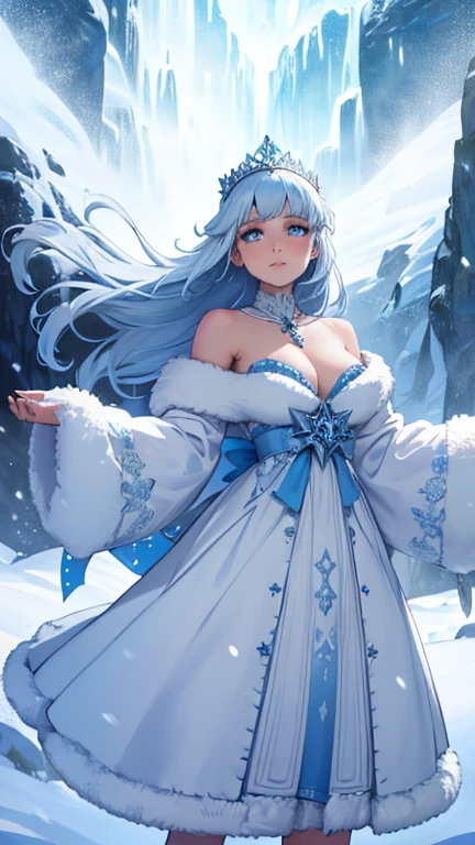 (best quality,4k,highres,masterpiece:1.2),ultra-detailed,(realistic,photorealistic,photo-realistic:1.37),beautiful ice princess with white fur,sparkling blue eyes,strong emotions, playful and innocent smile,frosty breath in the freezing air,snowflakes falling gently from the sky,glistening snow-covered landscape,icy blue light illuminating the scene, ethereal aurora borealis in the background,delicate snowflakes in mid-air,detailed fur texture,pristine white fur with subtle shades of blue and gray,soft pink blush on her cheeks and rosy lips,fur coat with intricate crystal patterns, white and blue flowy dress with crystals embedded in the fabric,crystal tiara on her head,standing gracefully on an ice-covered platform, surrounded by polar bears,aurora-colored ribbons flowing in the wind,pure and untouched arctic wilderness,serene and peaceful atmosphere,soft powdery snow under her feet.