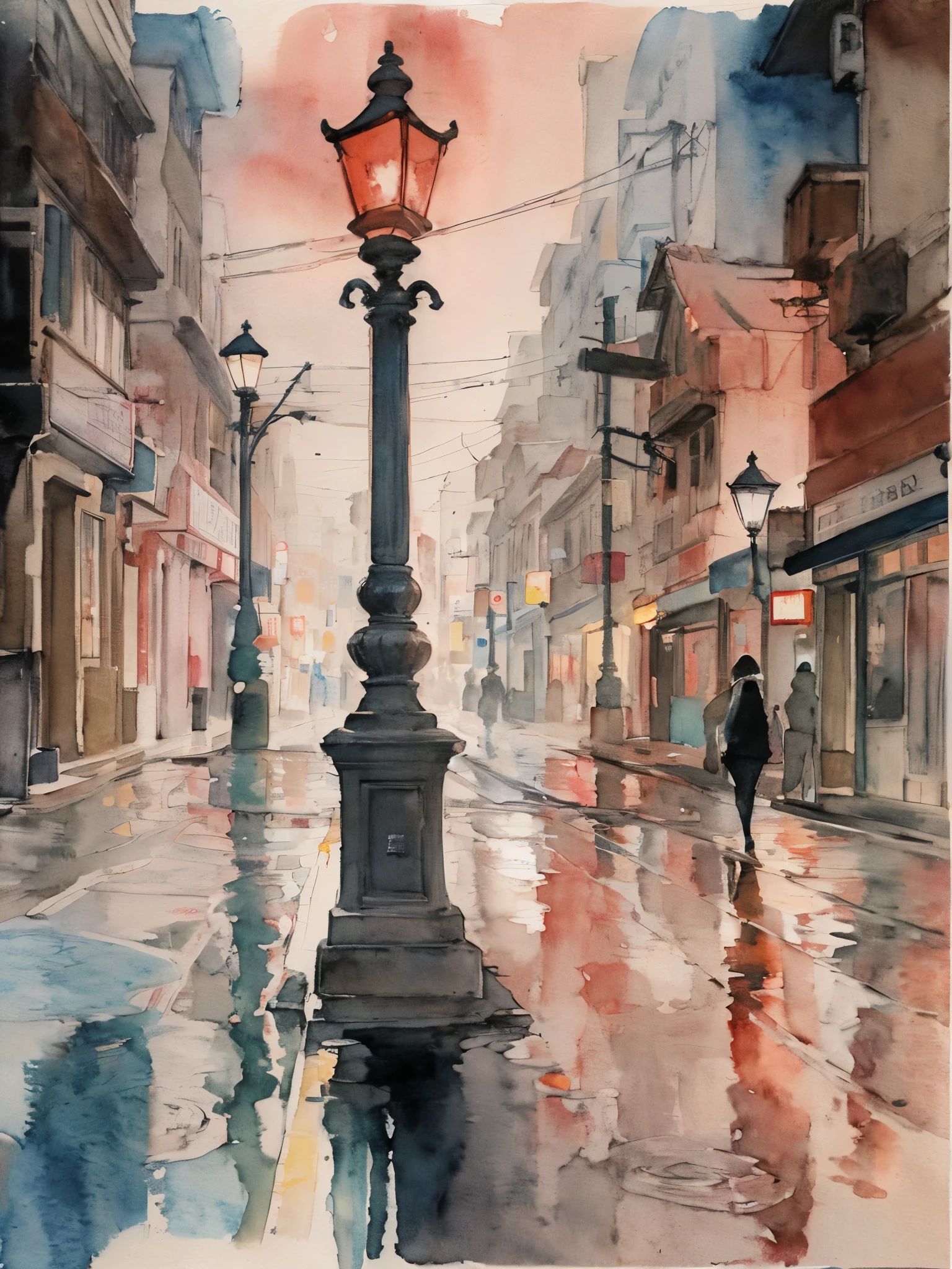 Street lamps standing in the streets make the red mailboxes and town bulletin boards stand out in the dark night.、The three colors of watercolors blur and mix to reveal a woman. The outline of the blotches, which is not clear, takes shape and appears to be a woman.(Color pattern:light pink, angel kiss ,pilsener)(Clothing: grunge fashion)
(Ink on Japanese paper, which tends to bleed easily)(contemporary art like a picture book) (transparent watercolor) (light itself expressed as real) (layers of soft, rich colors) (shades of paint dissolved thinly with water) (deep, delicate colors)(James McNeill Whistler)(Egon Schiele)