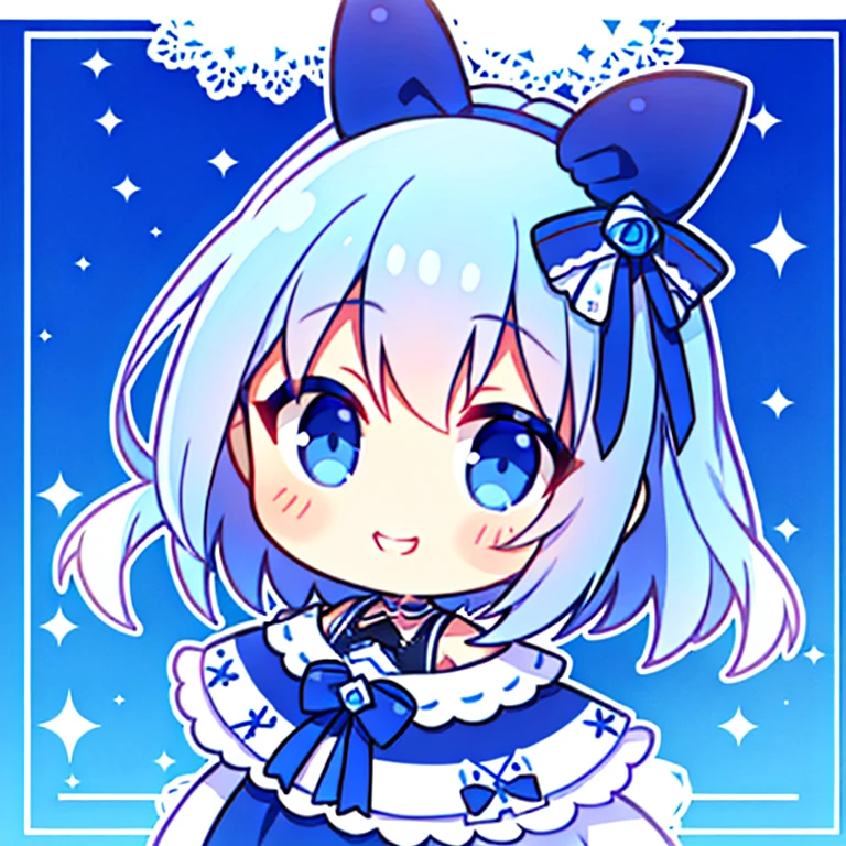 blue eyes, Cute ribbon on the side of the cheek, happy smile, Shoulder lace trim