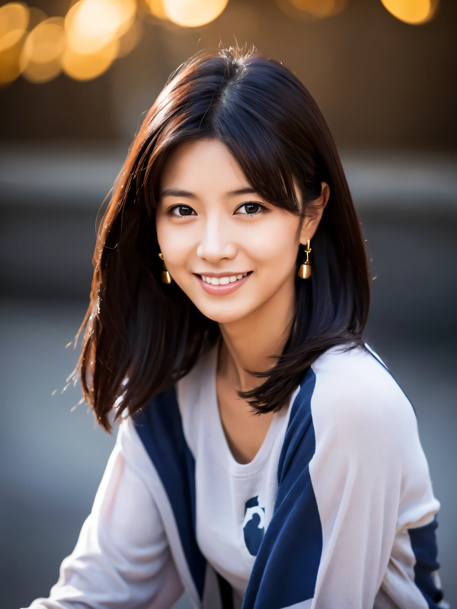 Japanese lady, 40 years old, casual outfit, long black hair, colored inner hair, empty eyes, earrings, smile, depth of field, cinematic lighting, Canon, f/1.2, cowboy shot, UHD, masterpiece, anatomically correct, textured skin, super detail, high quality, 8k, HD