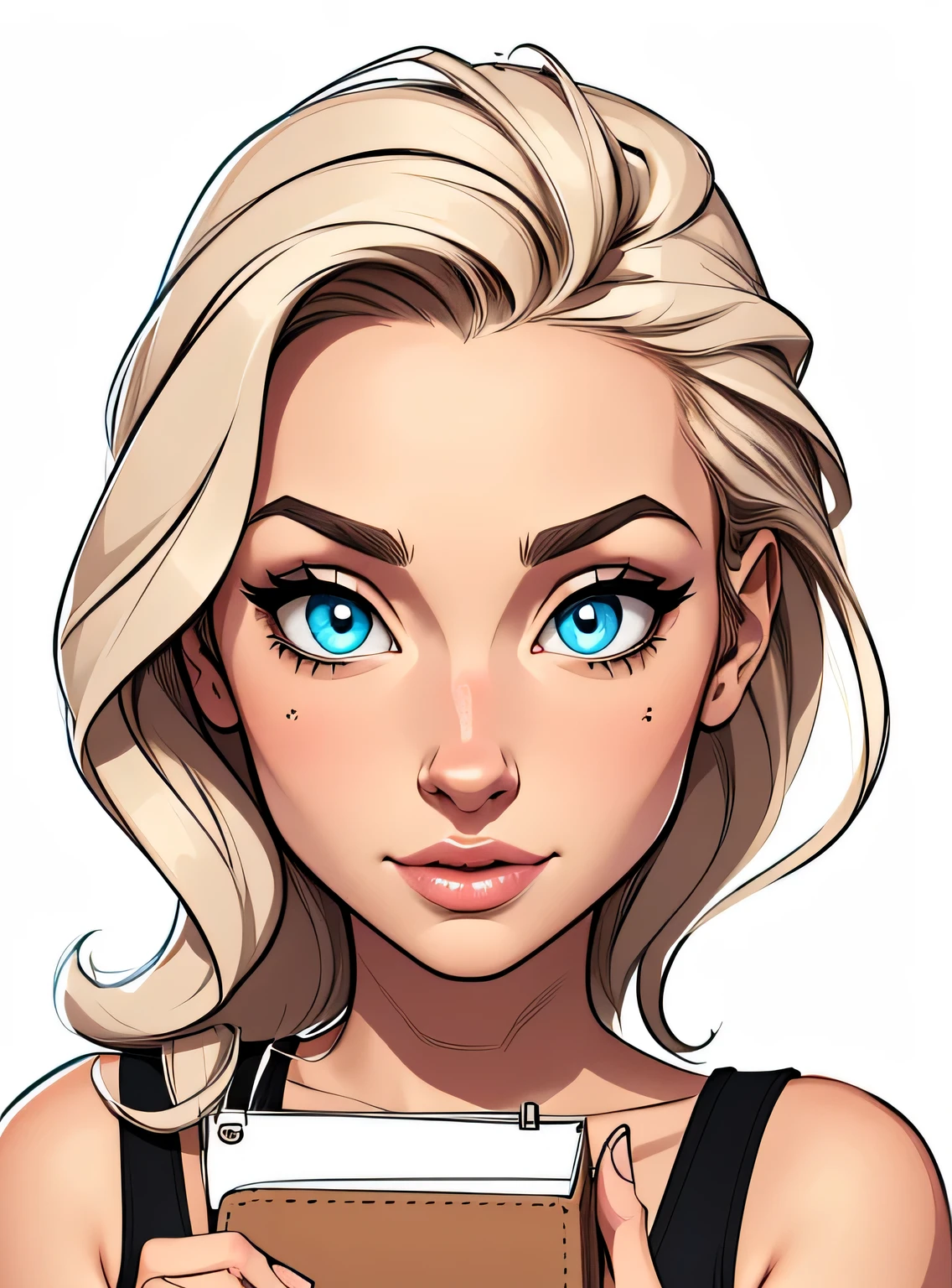(estilo de desenho animado:1.2), desenho de menina, olhos perfeitos, rosto detalhado, segurando uma bolsa grande, fundo branco, seios pequenos