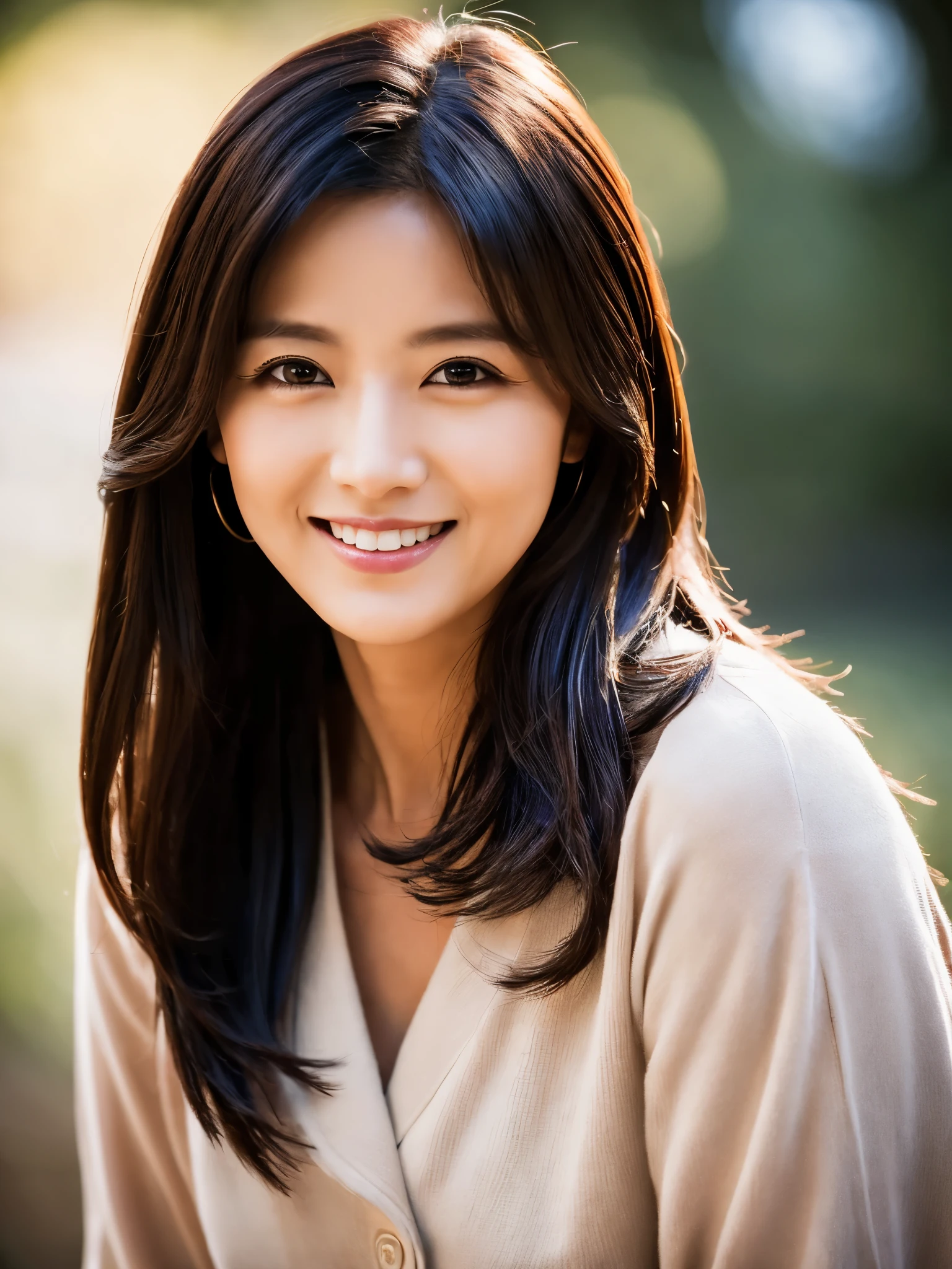 Japanese lady, 40 years old, casual outfit, long black hair, colored inner hair, empty eyes, earrings, smile, depth of field, cinematic lighting, Canon, f/1.2, cowboy shot, UHD, masterpiece, anatomically correct, textured skin, super detail, high quality, 8k, HD