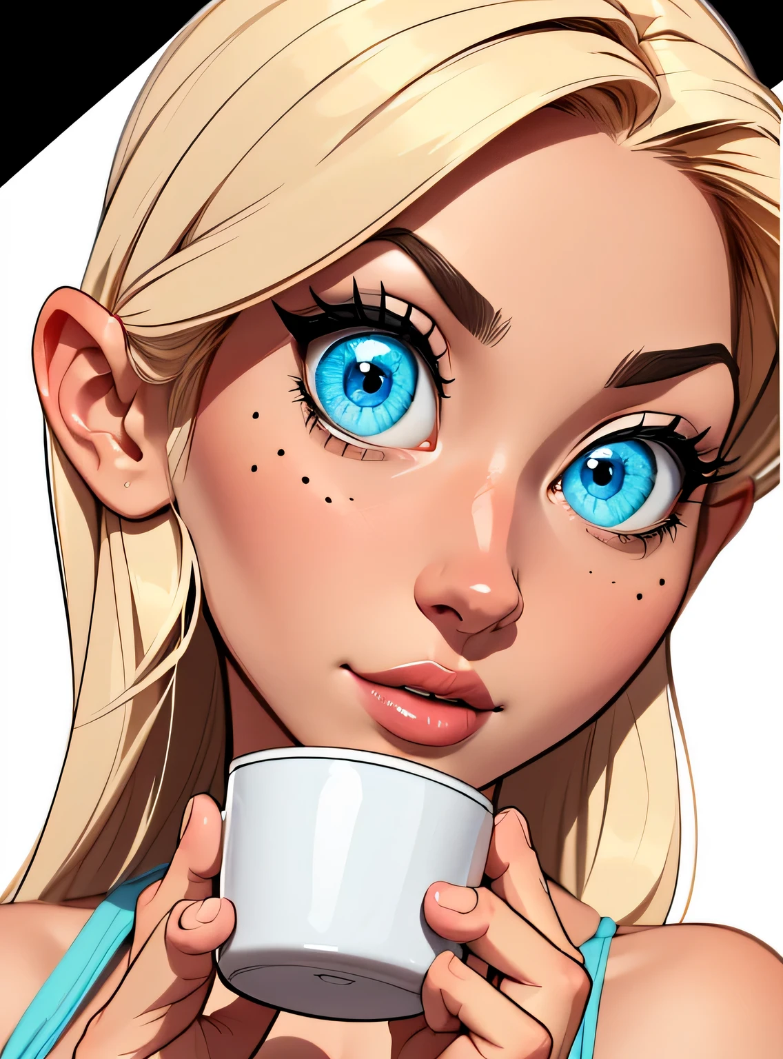(estilo de desenho animado:1.2), desenho de menina, olhos perfeitos, rosto detalhado, holding a cup, fundo branco, seios pequenos