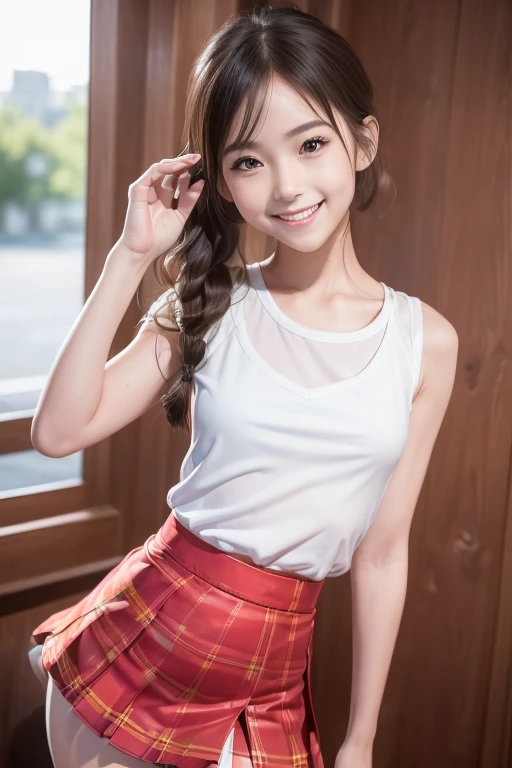 (Upscale variant Remove background generated data tips Upgrade 8K, Masterpiece, RAW photo, Best quality, Photorealistic, Extremely detailed Cg Unity 8K wallpaper, Depth of field, Cinematic light, Lens flare, Ray tracing), (Extremely beautiful face, young face, Beautiful lips, Beautiful eyes), intricate detail face, ((ultra detailed skin)) 1girl, deepshadow, Pretty Japanese girl, Japanese idol,(Very slim and slender muscular body), ((view the viewer)),(Big smile), (on a Castle interior), Large stained glass at back, ((The background is blurred out), sunset, (Sunshine behind the head), Pretty Japanese girl, Clear eyes, Walking, front footage, (Pale skin), Face forward, (Big eyes), ((upperbody shots)), ((White blouse, red tartan skirt)), (Shape), (Wavy hair), (view the viewer),((Smile)), ((Spotlight illumination))