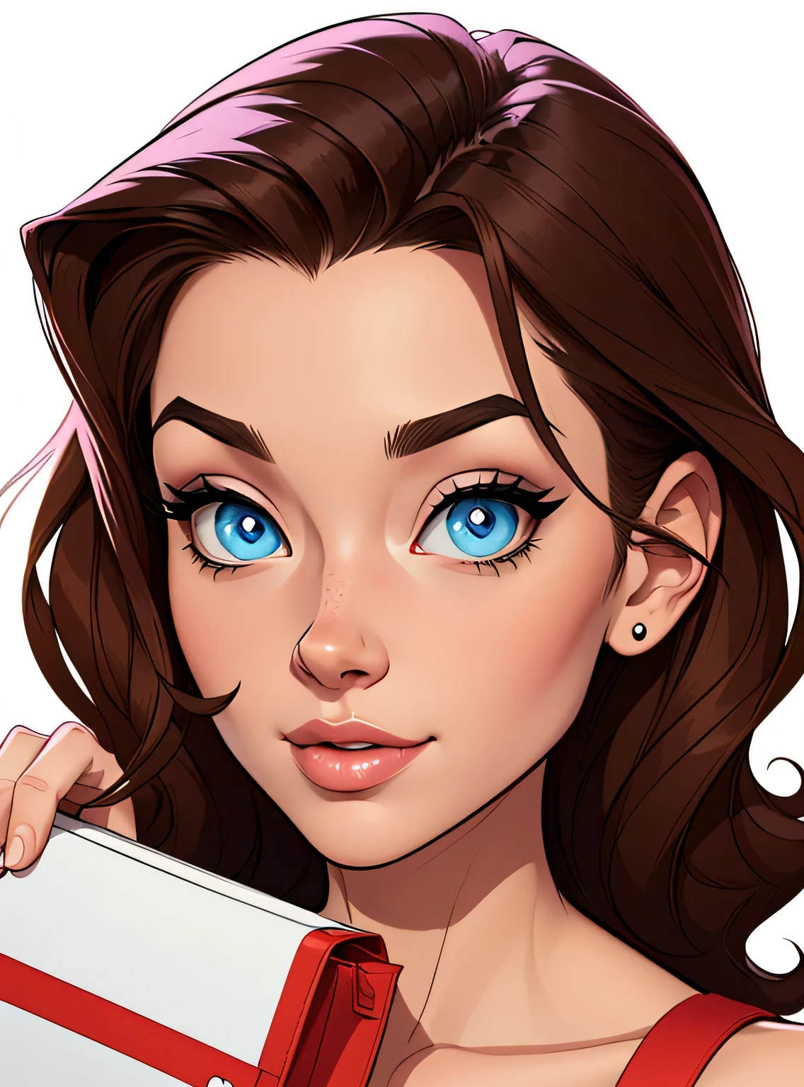 (estilo de desenho animado:1.2), desenho de menina, olhos perfeitos, rosto detalhado, segurando uma bolsa grande, fundo branco, seios pequenos