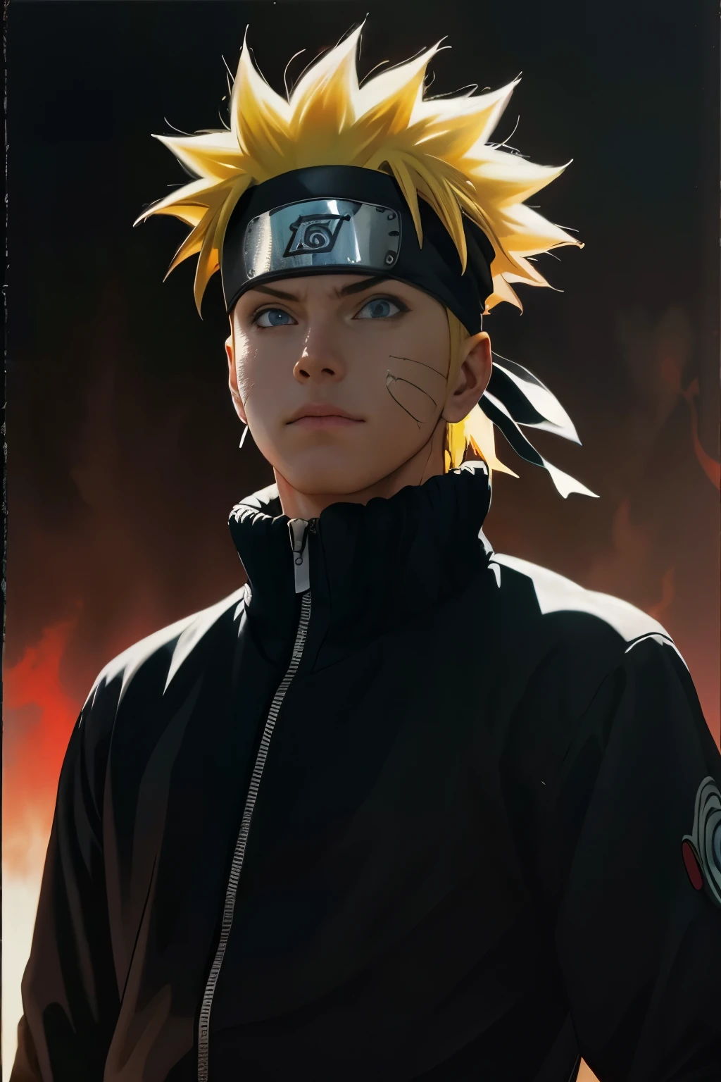 a naruto wallpaper of the anime character with intricate details, liquid metalin style of tristan eaton, aykut aydogdu, dusty, piles, traditional oil paintings, mirrored realms, depicts real life, luminous shadows, neon glow effect