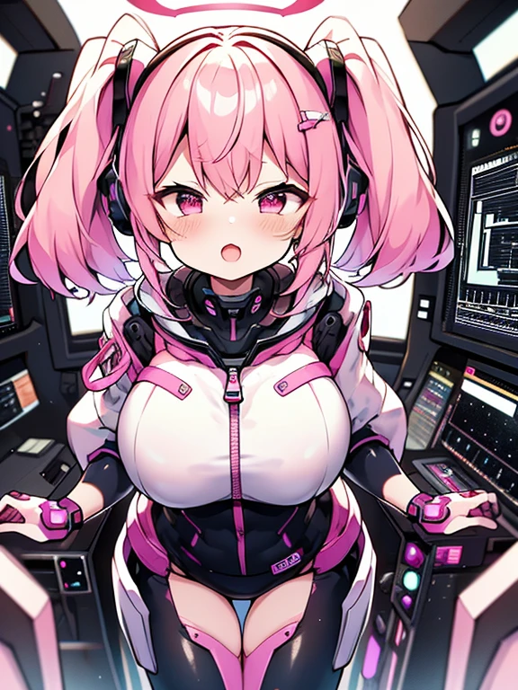 very detailed、masterpiece、high quality、one high school girl、12 years old、Loli、(white and pink space suit)、front zipper、(Futuristic, Tight Fit Bodysuit)、headphone、Cyberpunk space station interior background、(colorful pink hair),ロングtwin tails, (pink eyes), change,twin tails,sassy change，cheey change，mesugaki,girl,天才girl、(big breast):1.0,(blush):1.1、halo、