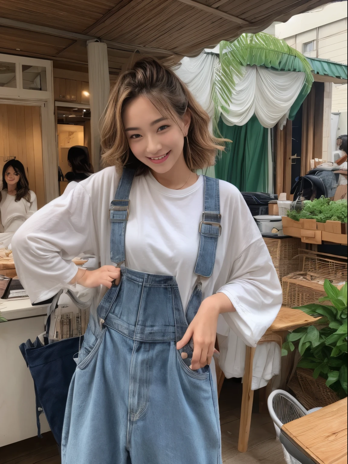 ((top quality, 8K, muste piece: 1.3)), Tits sharp focus: 1.2, cute japanese woman: 1.4, 18-year-old、Blonde and brown hair、slim abdomen: 1.2, (（,super huge breasts: 1.2)), （Market with colorful fruits）, Highly detailed face and skin texture, detailed eyes,Sexy is, cute smile、Oversized T-shirt、Oversized overalls、Overall、dynamic pose、wavy hair