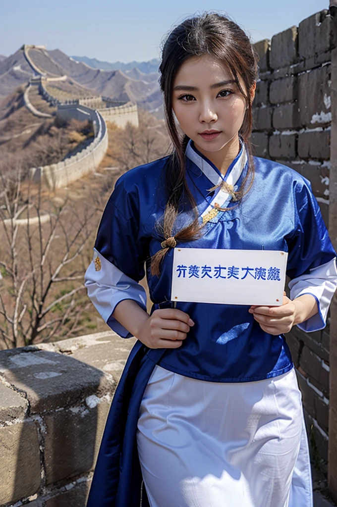 beautiful sexy Female Chinese woman in traditional blue chinese dress holding a Blank white sign wight the great wall in the background