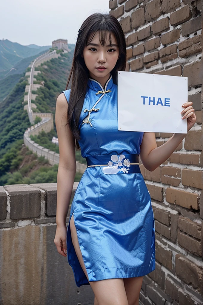 beautiful sexy Female Chinese woman in traditional blue chinese dress holding a Blank white sign wight the great wall in the background