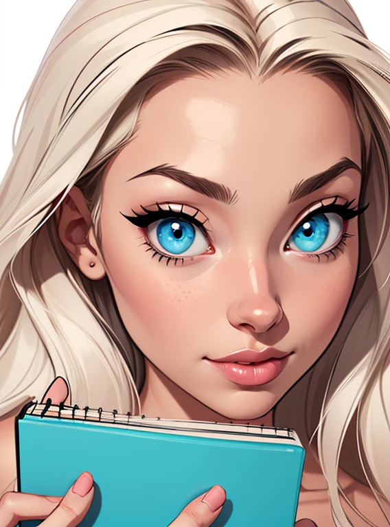 (cartoon style:1.2),  drawing of girl, perfect eyes, detailed face, holding a diary, white background, small  