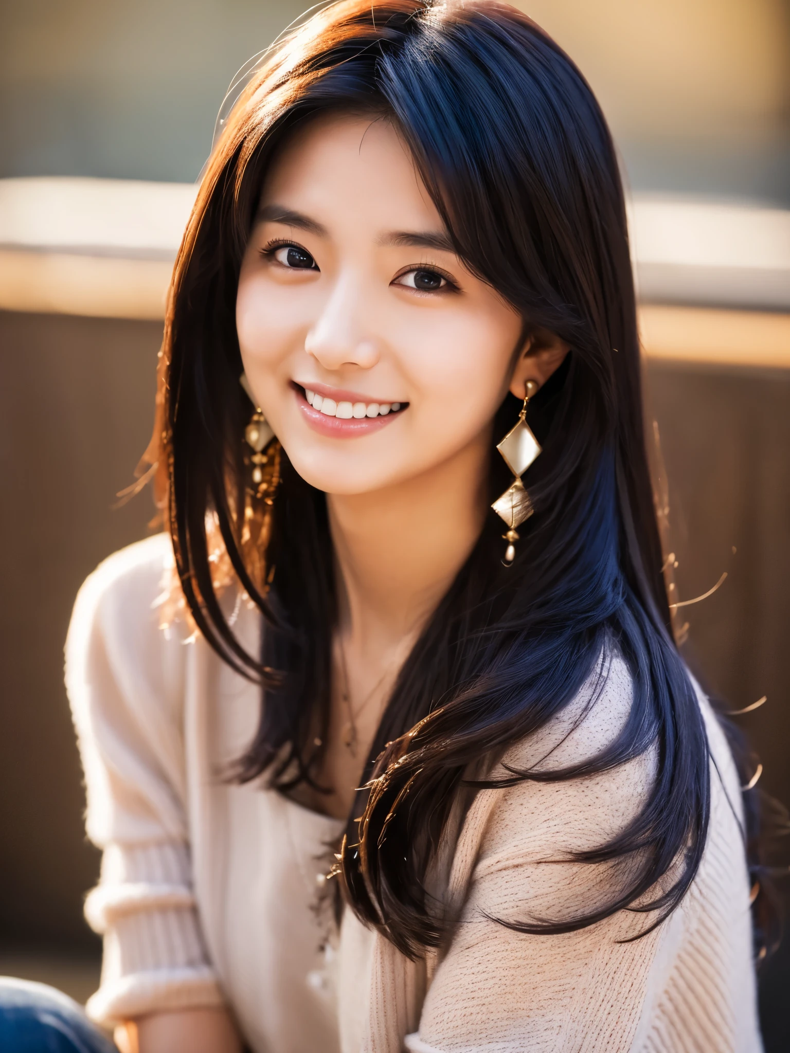 Japanese lady, 20 years old, casual outfit, long black hair, colored inner hair, empty eyes, earrings, smile, depth of field, cinematic lighting, Canon, f/1.2, cowboy shot, UHD, masterpiece, anatomically correct, textured skin, super detail, high quality, 8k, HD
