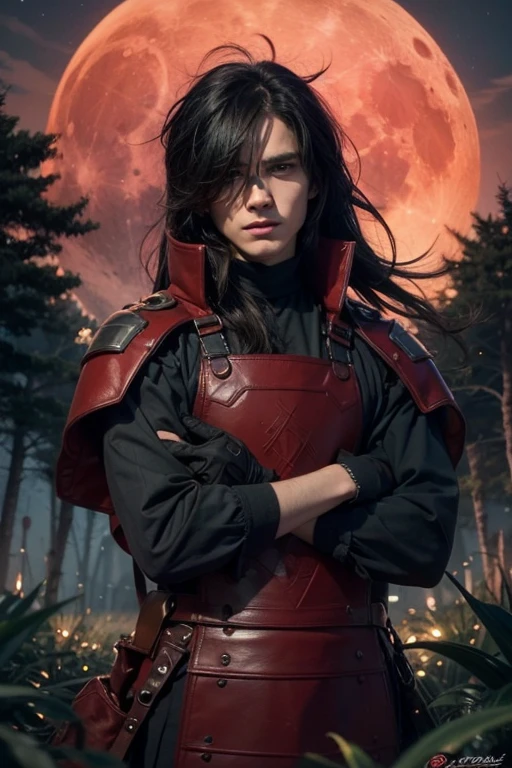 A very handsome and charming Man with white skin, red eyes, very soft long black hair and he wears a black clothes with red shield and there is bloody moon in the background 