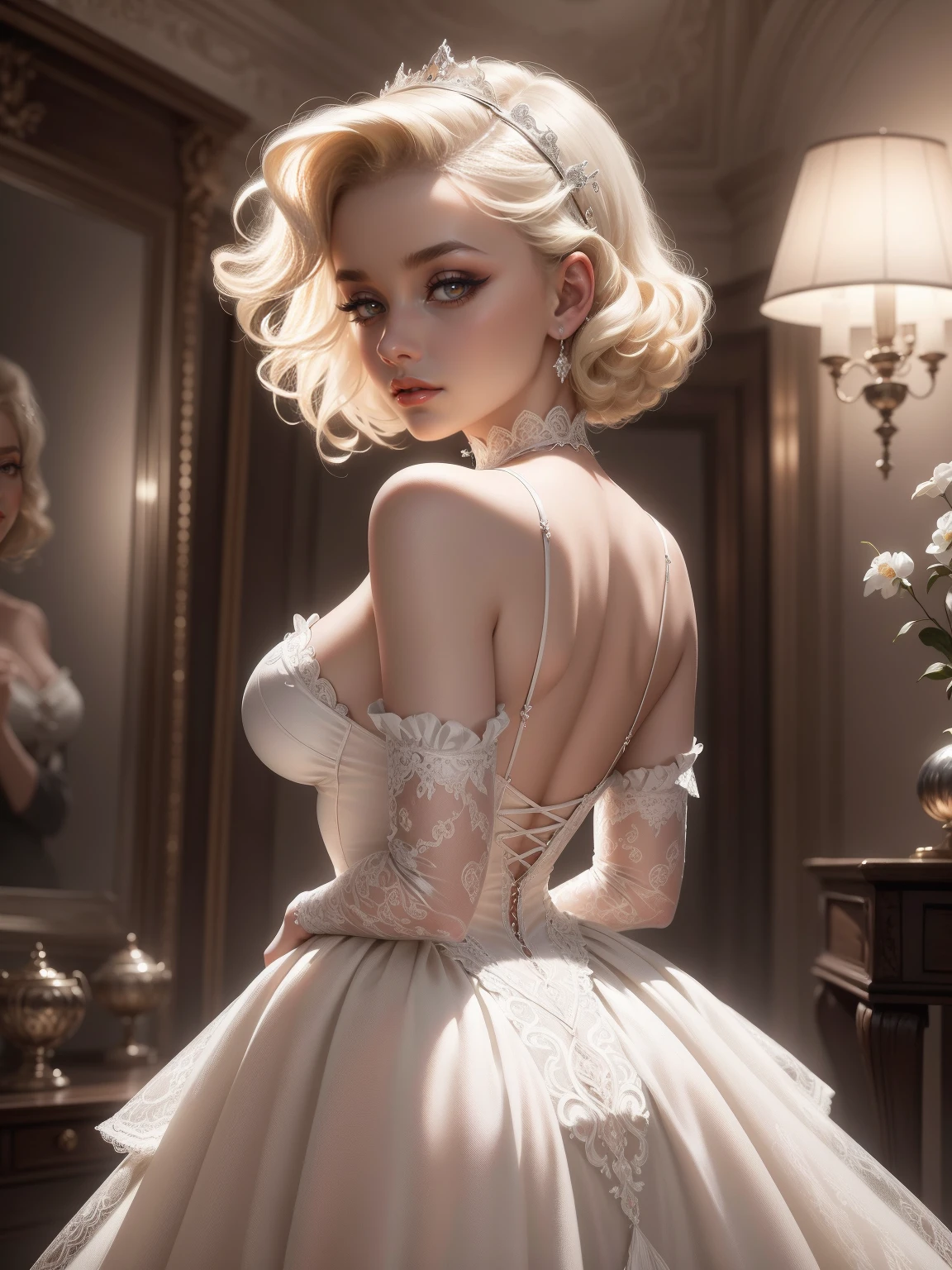 (Masterpiece - Ultra-Detailed, High Resolution) Prepare to be enchanted by a true masterpiece that combines ultra-detailed art with high-resolution rendering. This work shows a mesmerizing woman, with short, light blonde hair, 1950s style, Marilyn Monroe (1.3) and captivating brown eyes (1.2), New York illustration style, wearing red lipstick, emanating an aura of elegance and mystery. Wearing victorian classic 1950s clothing. sexy. Intricate details and realistic textures invite you to explore every aspect of this enchanting composition. Transparent white dress. Dancing lightly. On your back, with your chin under your shoulder, looking back sensually. Get ready to dive into a world where beauty and craftsmanship merge perfectly.