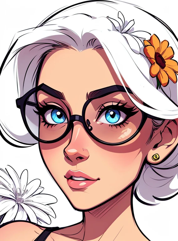 (cartoon style:1.2), drawing of girl, perfect eyes, detailed face, flowers and big round sunglasse, white background, small breasts