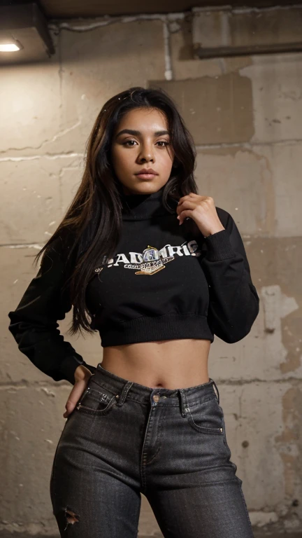 Photograph of a 20-year-old woman, bonita, rasgos latinos, cabello largo, dark brown, grandes senos naturales, cuerpo latino, chaqueta de cuero negra, crop top de lentejuelas negra, falda corta con botas negras en una discoteca