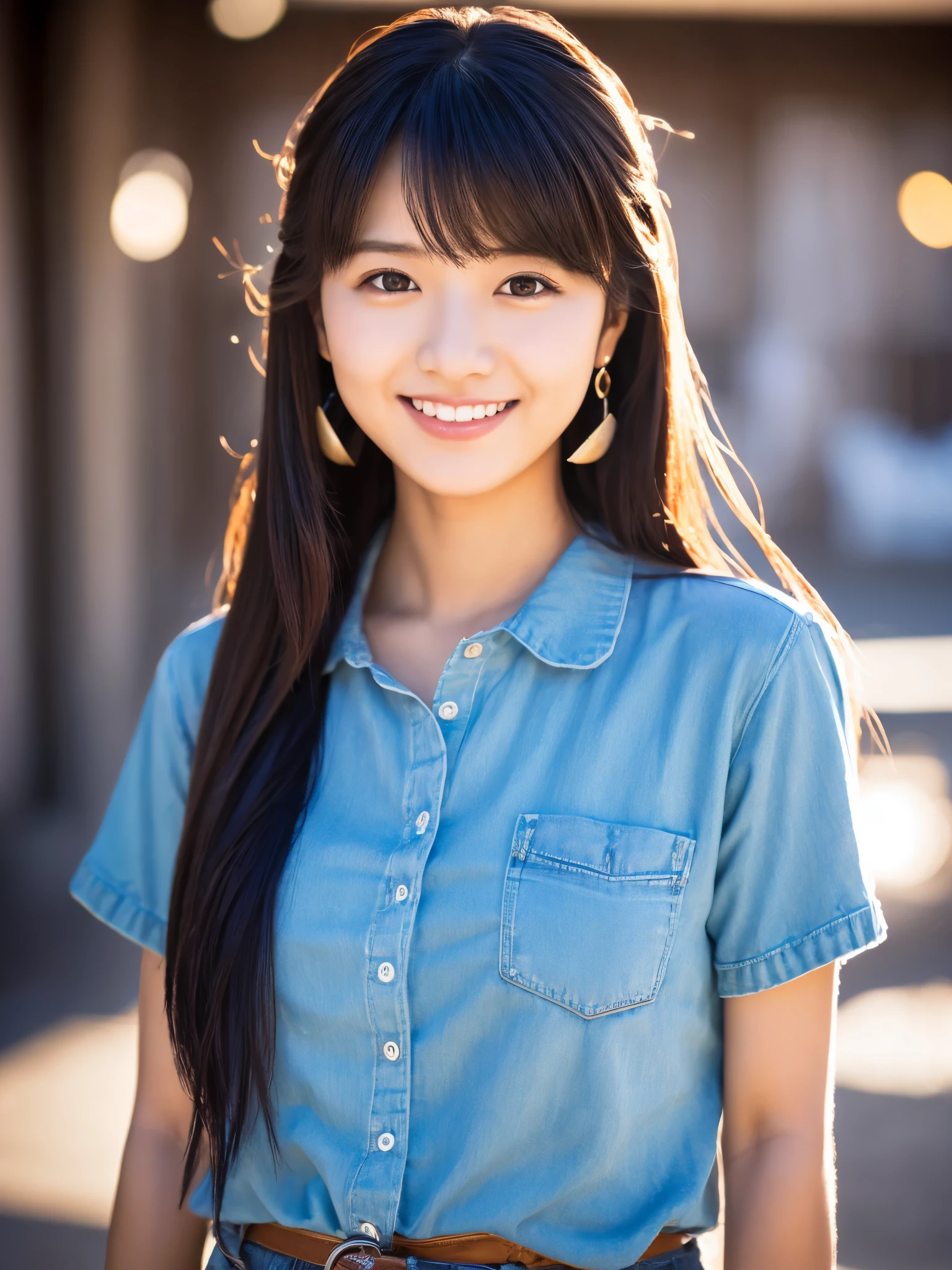 Japanese lady, 20 years old, summer, casual outfit, long black hair, colored inner hair, empty eyes, earrings, smile, depth of field, cinematic lighting, Canon, f/1.2, cowboy shot, UHD, masterpiece, anatomically correct, textured skin, super detail, high quality, 8k, HD