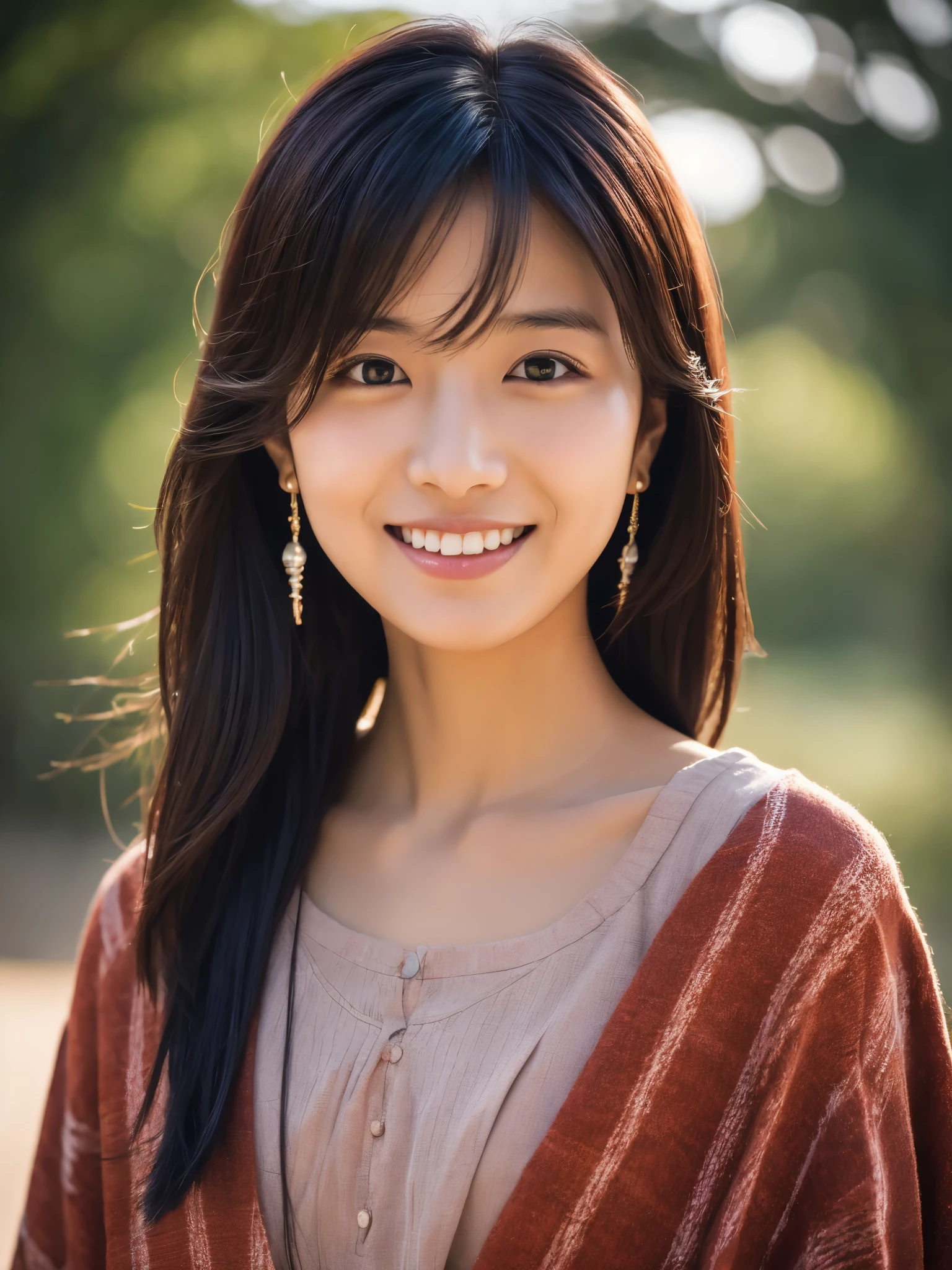 Japanese lady, 20 years old, summer, casual outfit, long black hair, colored inner hair, empty eyes, earrings, smile, depth of field, cinematic lighting, Canon, f/1.2, cowboy shot, UHD, masterpiece, anatomically correct, textured skin, super detail, high quality, 8k, HD