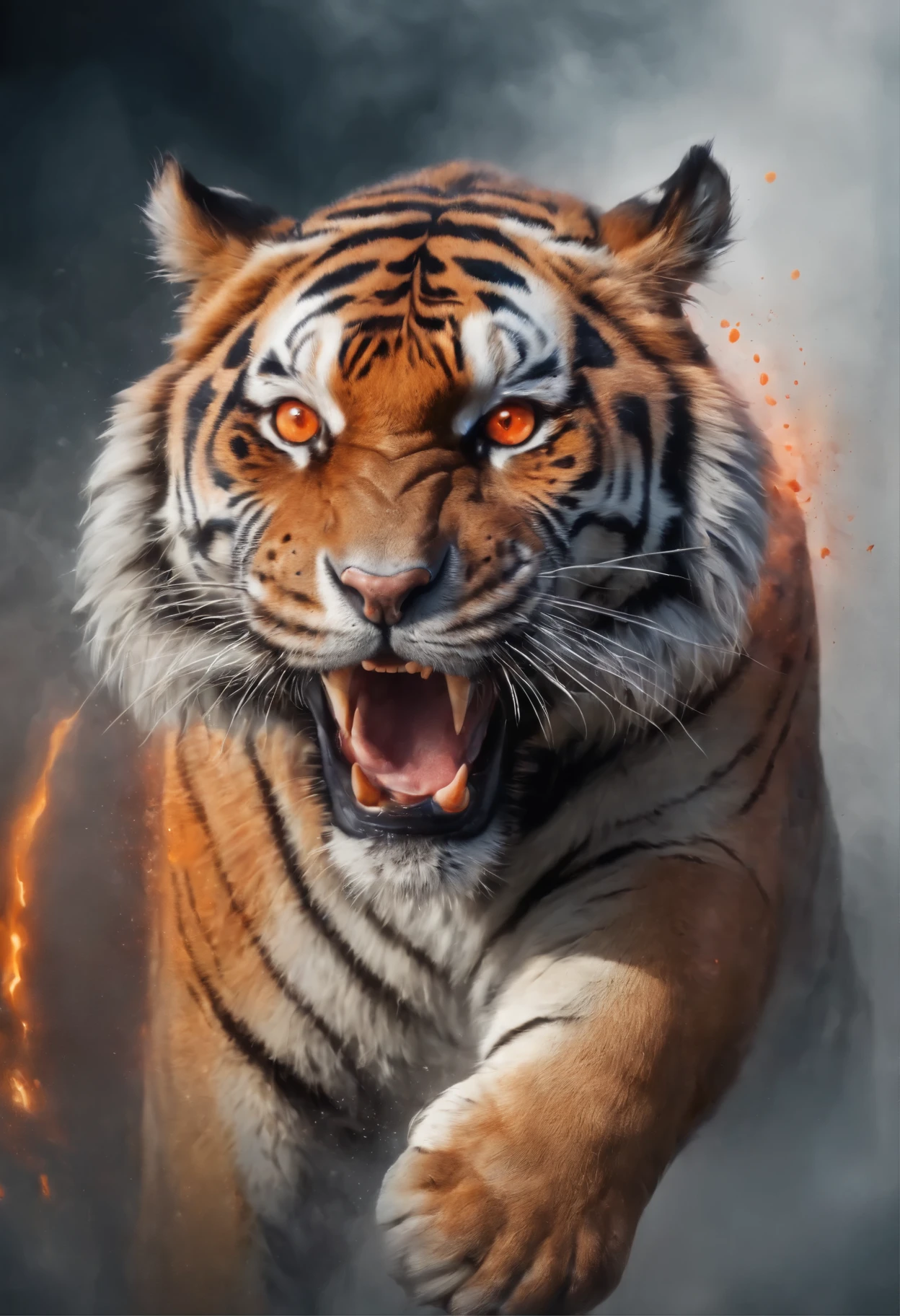 blue and red realistic tattoo art of tiger with (((orange eyes))) with ink splatter sketch effect ,he is with open mouth looking very fierce and angry