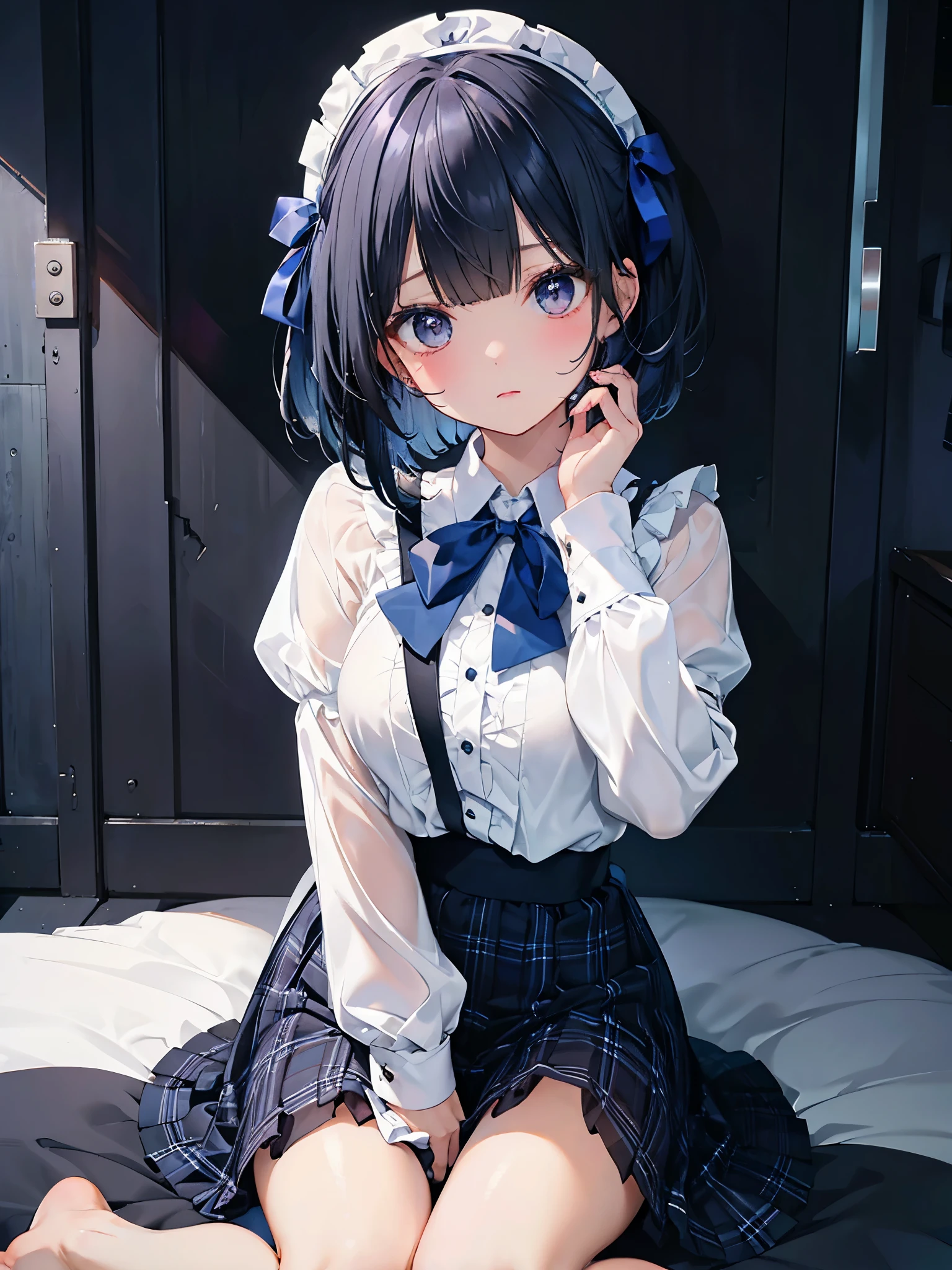 1 girl、uniform、white shirt、Dark blue ribbon、The ribbon is white striped、Dark blue checked skirt、frills、beautiful legs、black hair、bob cut、See-through、White liquid on the hair、Watery eye、big breasts、small eyes、barefoot、baby face、masterpiece、Highest image quality、8K