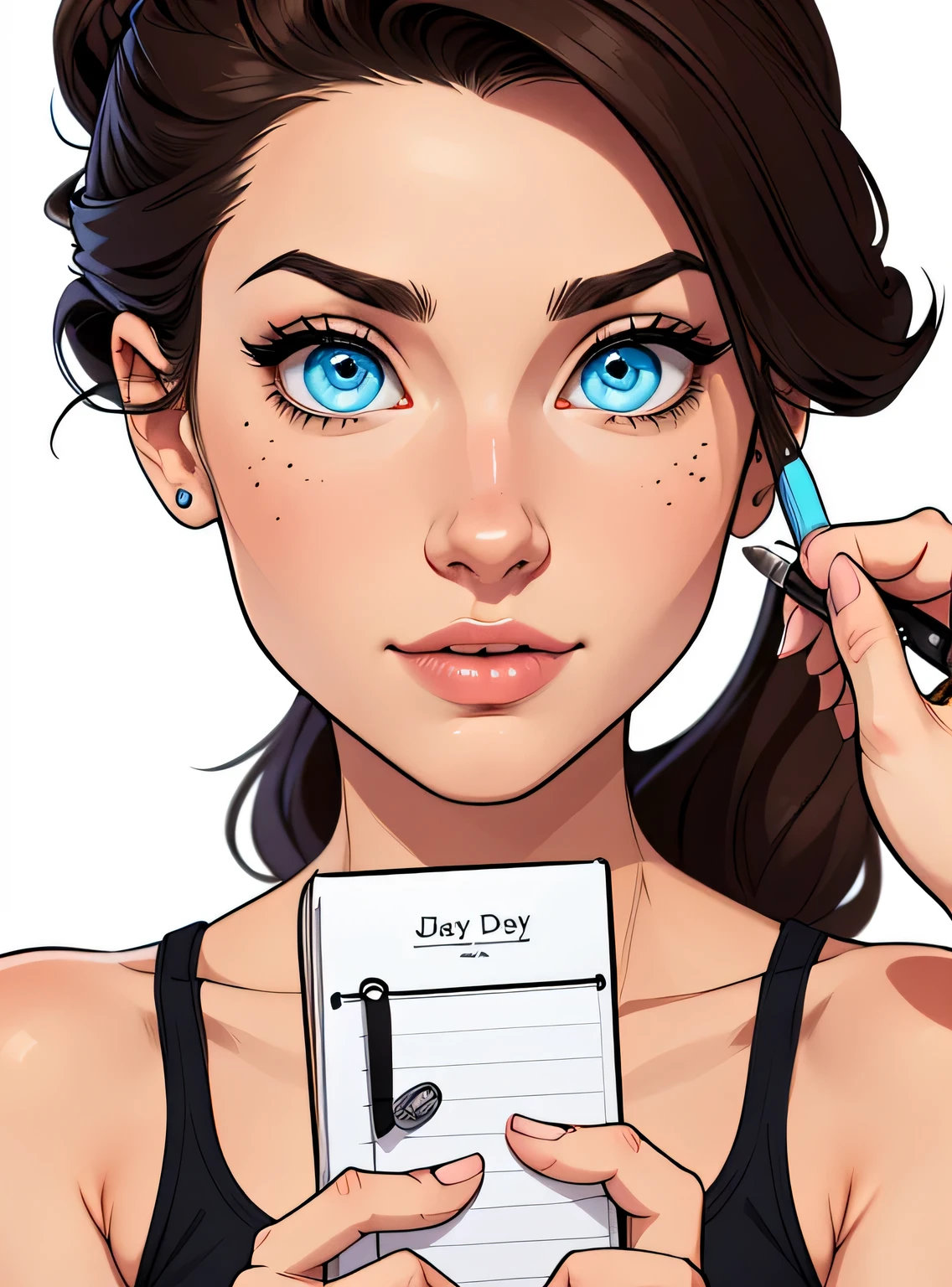 (estilo de desenho animado:1.2), desenho de , olhos perfeitos, rosto detalhado, holding a diary, fundo branco, seios pequenos