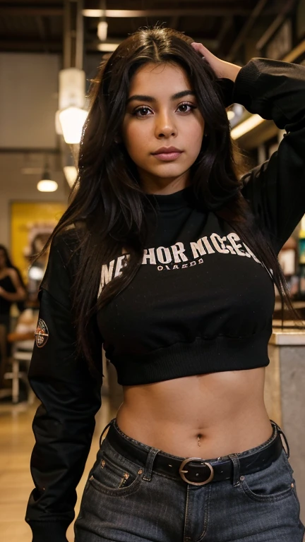 Photograph of a 20-year-old woman, bonita, rasgos latinos, cabello largo, dark brown, grandes senos naturales, cuerpo latino, chaqueta de cuero negra, crop top de lentejuelas negra, falda corta con botas negras en una discoteca