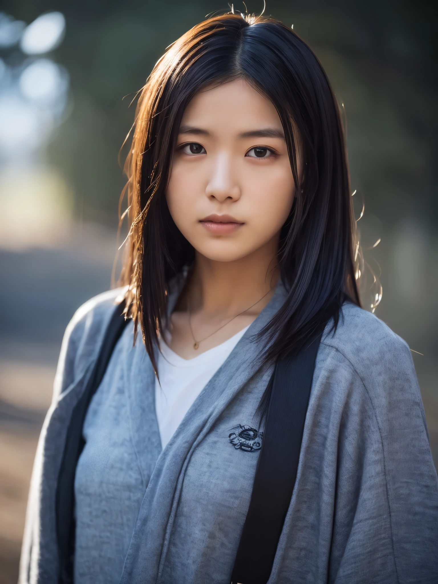 Japanese lady, 20 years old, casual outfit, rain, long black hair, colored inner hair, empty eyes, no smile, sad face, depth of field, cinematic lighting, Canon, f/1.2, cowboy shot, UHD, masterpiece, anatomically correct, textured skin, super detail, high quality, 8k, HD