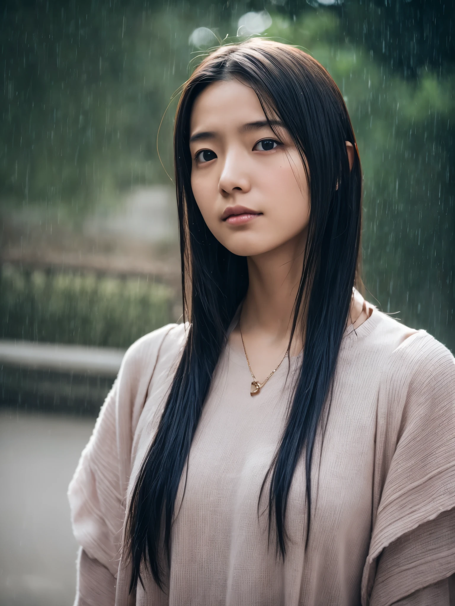 Japanese lady, 20 years old, casual outfit, rain, long black hair, colored inner hair, empty eyes, no smile, sad face, depth of field, cinematic lighting, Canon, f/1.2, cowboy shot, UHD, masterpiece, anatomically correct, textured skin, super detail, high quality, 8k, HD