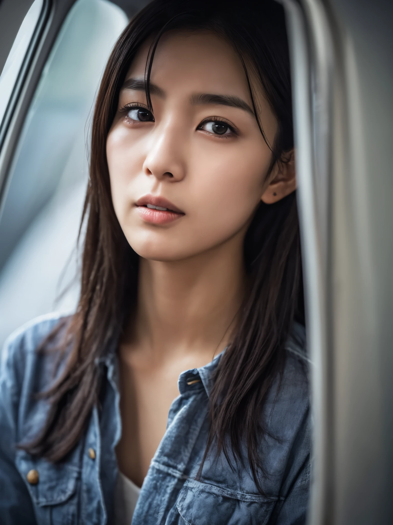 Japanese lady, 20 years old, casual outfit, rain, long black hair, colored inner hair, empty eyes, no smile, sad face, depth of field, cinematic lighting, Canon, f/1.2, cowboy shot, UHD, masterpiece, anatomically correct, textured skin, super detail, high quality, 8k, HD
