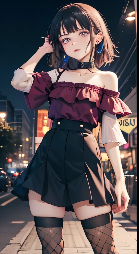 (8K、best image quality、highest quality、masterpiece)、1 girl、black hair twintails、short hair、wavy hair、dull bangs、purple eyes、Expressionless、earrings、Moderate chest、Pink ruffled clothes、off shoulder strapless、black mini skirt、((Fishnet tights))、cowboy shot、Downtown background at night
