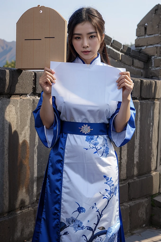 beautiful sexy Female Chinese woman in traditional blue chinese dress holding a Blank white sign wight the great wall in the background