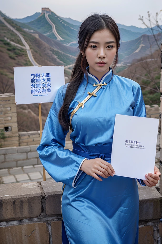 beautiful sexy Female Chinese woman in traditional blue chinese dress holding a Blank white sign wight the great wall in the background