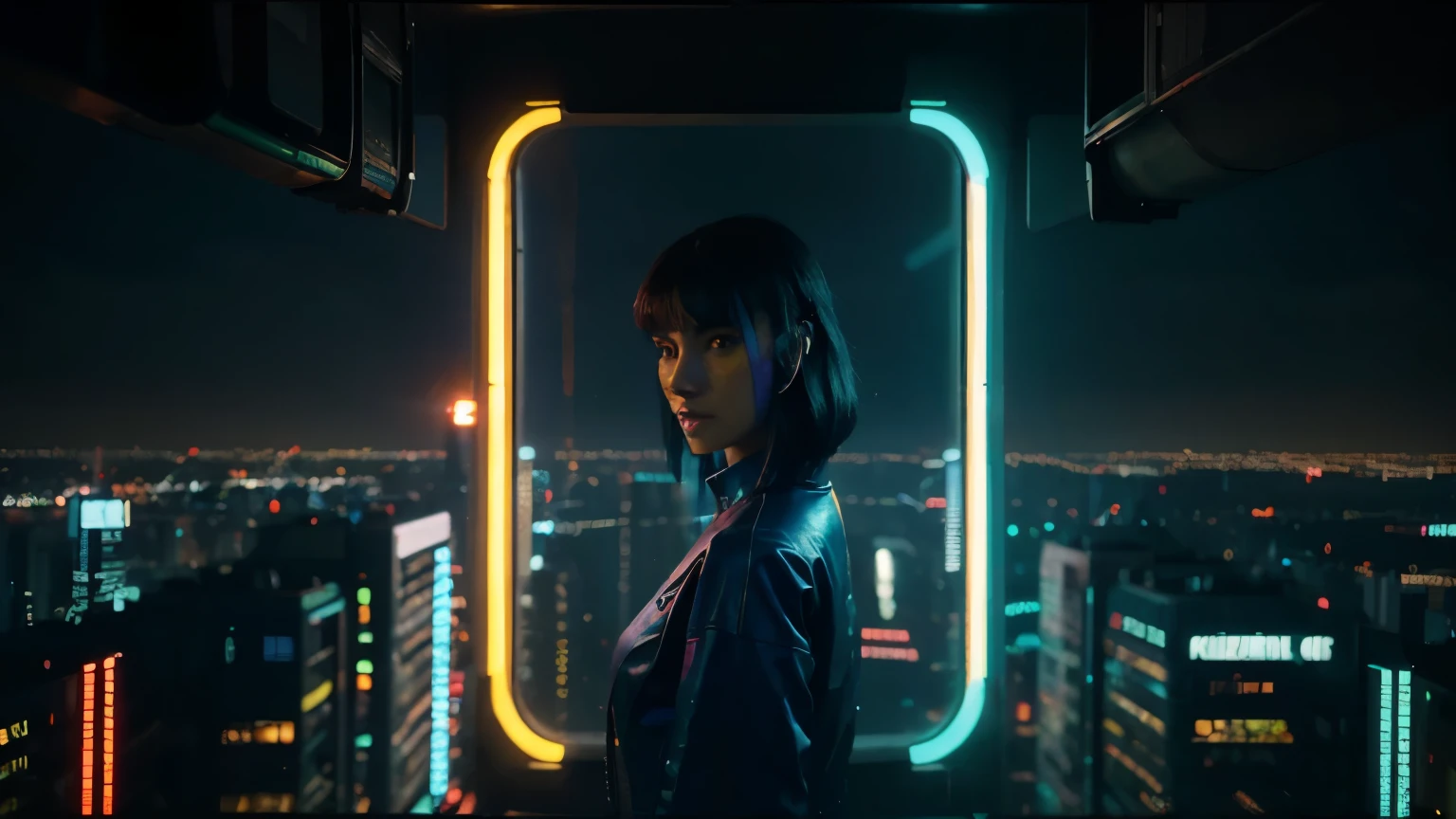 4k image, cyberpunk style, Filme Blade Runner 2064, city with a blue, red, green and yellow neon colors vibrant at night through a window, big city retro futuristic neon, blade runner style, Retro-futuristic, Luz Natural, retro-futurista, photo-realistic, blurred background, view from a skyscraper, just ambient without humans
