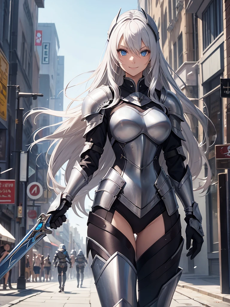 Female knight, leotard armor, long silver hair, blue eyes, smiling, walking in the crowded city, holding a weapon in hand, big bust