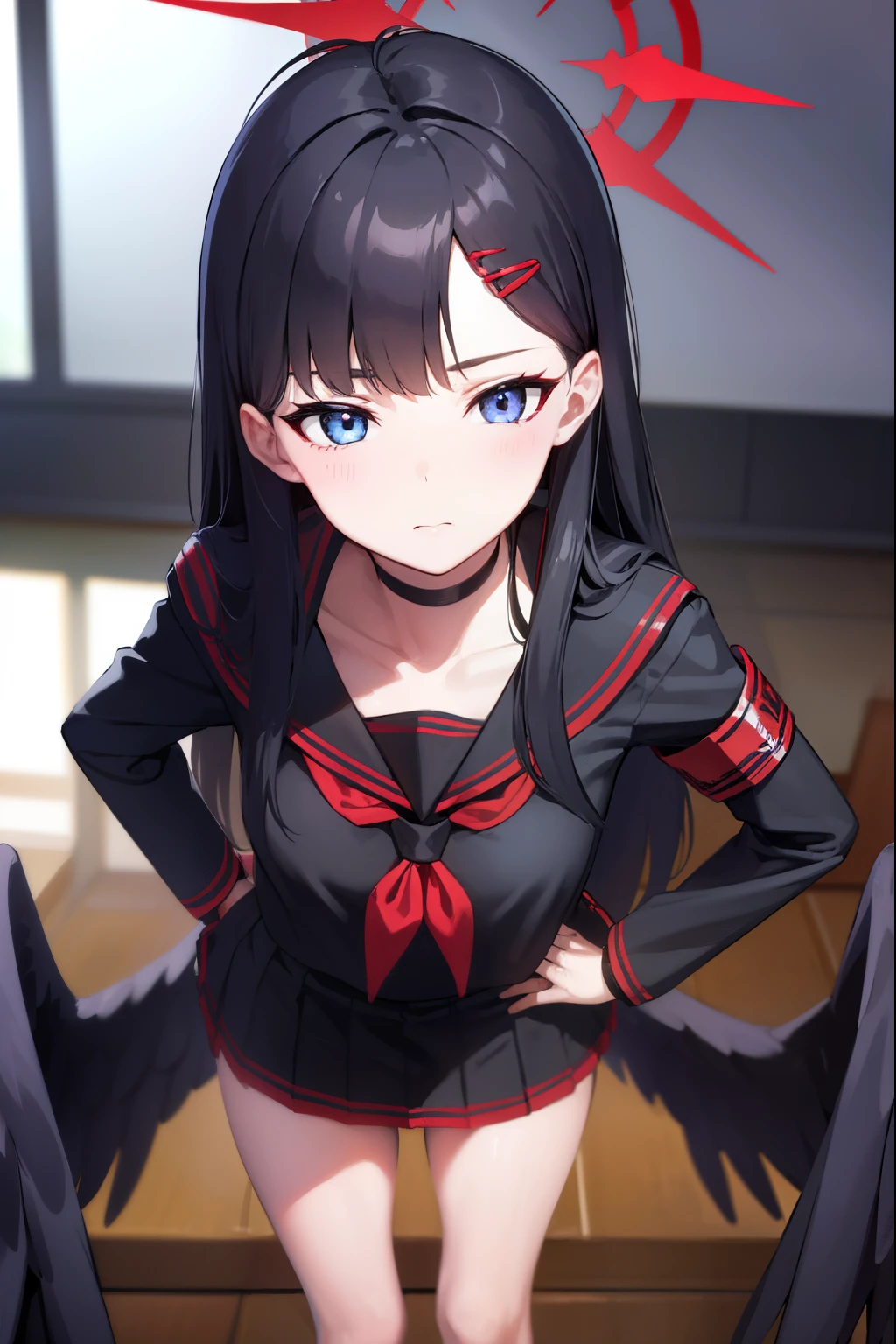 ichikanakamasa, ichika nakamasa, ahoge, black hair, black wings, feathered wings, hair ornament, hairclip, halo, long hair, low wings, red halo, wings,
BREAK armband, black choker, black gloves, black sailor collar, black serafuku, black skirt, choker, gloves, long sleeves, neckerchief, pleated skirt, red neckerchief, safety pin, sailor collar, school uniform, serafuku, skirt,
BREAK looking at viewer, upper body, full body,
BREAK indoors, classroom,
BREAK (masterpiece:1.2), best quality, high resolution, unity 8k wallpaper, (illustration:0.8), (beautiful detailed eyes:1.6), extremely detailed face, perfect lighting, extremely detailed CG, (perfect hands, perfect anatomy),