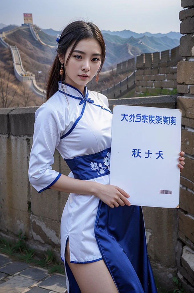 beautiful sexy Female Chinese woman in traditional blue chinese dress holding a Blank white sign wight the great wall in the background