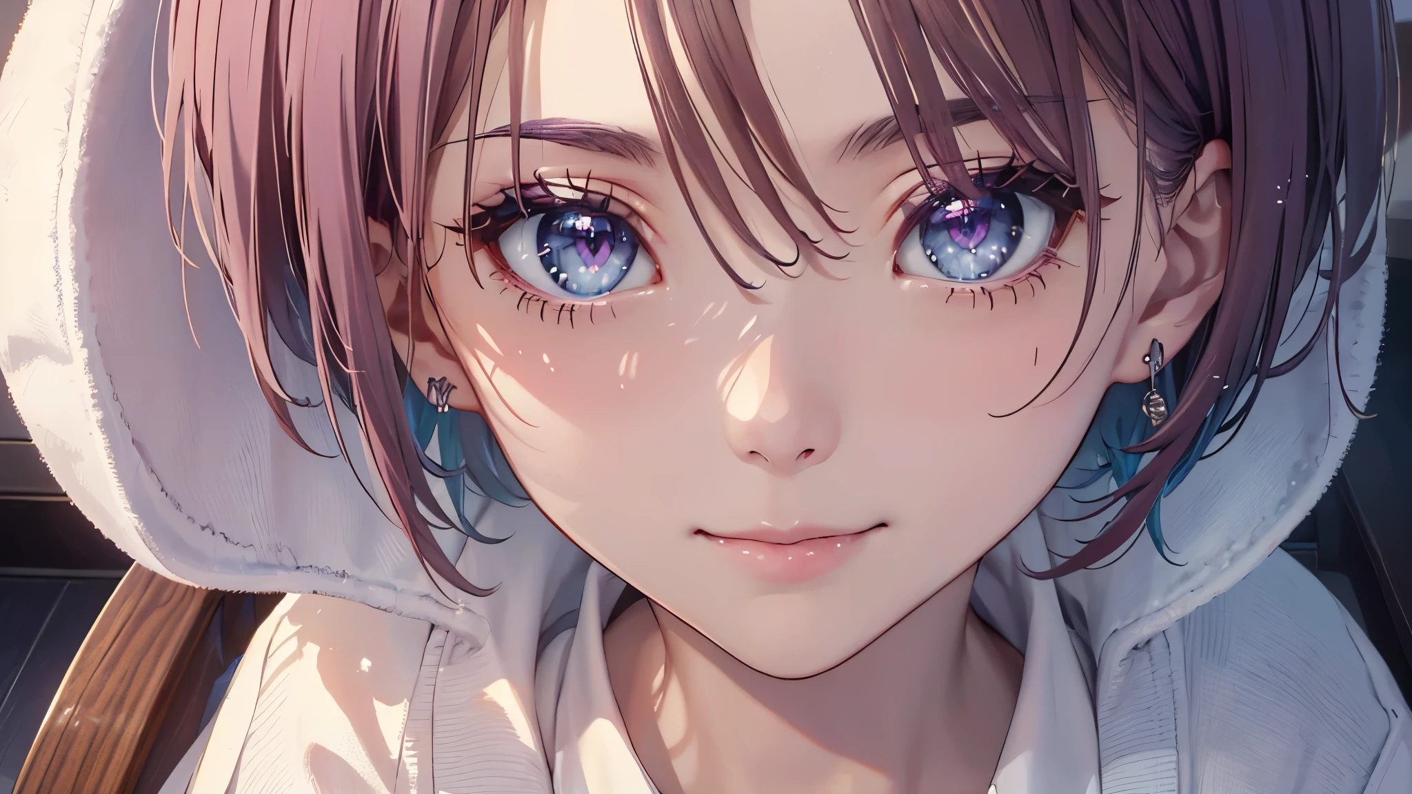⓪行動:(sit in a chair:1.3), ①品質:(1girl:1.3), (Perfect hands:1.3), (Perfect Anatomy:1.3), 8k, (best quality:1.3), (master piece:1.3), (ultra detailed:0.7), detailed face, extremely detailed, all detailed, detailed skin, ultra quality, detailed, high resolution, ultra-detailed face, ②目:sparkling pupils, Intricate Iris Details, Captivating Eye Reflections, Sparkling Highlights in the Eyes, Depth and Dimension in the Pupils, Subtle Color Variations in the Iris, Meticulous Eyelash Details, detailed eyes, ③照明:Best Illumination, ④胸:(small breasts:1.3), (Beautiful breasts:1.3), ⑤部分: ⑥体形:(slender body type:1.3), Miwaki. beauty legs. Seven heads, small head, ⑦皮膚: ⑧その他: ⑨作風: animation, illustration, (Bewitching:1.3). ⑩被写体:(Toru Asakura:1.9), ⑪髪: shiny hair, (short hair:1.3), (forehead:1.5), (low hair volume:2.3), (Parted Bangs:1.8), (blue hairs、gradation hair、multi color hair、Purple hair), ⑫環境:Suite Room ⑬構図:(face:1.3), (extreme close-up view: 1.7), ⑭衣装 : BREAK (dark-navy theme:1.3), (Wear a dark-navy duffel coat over white shirt and exposed only skirt-hem:1.4), (bluish white plaid skirt:1.1), simple loose black necktie, (black calf socks: 1.4), loafer, earrings, ⑮表情:(blush:0.7), (Looking at Viewer:1.7), waiting for a kiss,