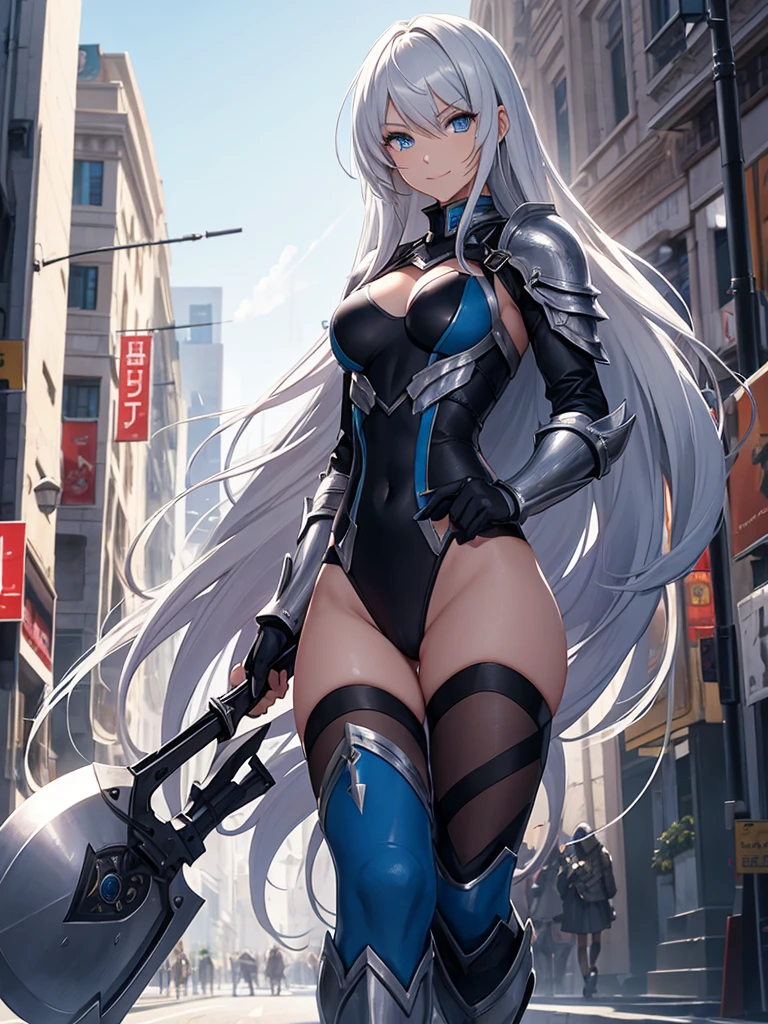 Female knight, leotard armor, long silver hair, blue eyes, smiling, walking in the crowded city, holding a weapon in hand