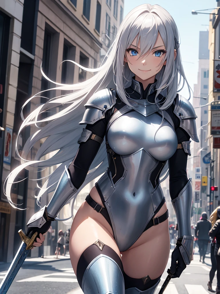 Female knight, leotard armor, long silver hair, blue eyes, smiling, walking in the crowded city, holding a weapon in hand