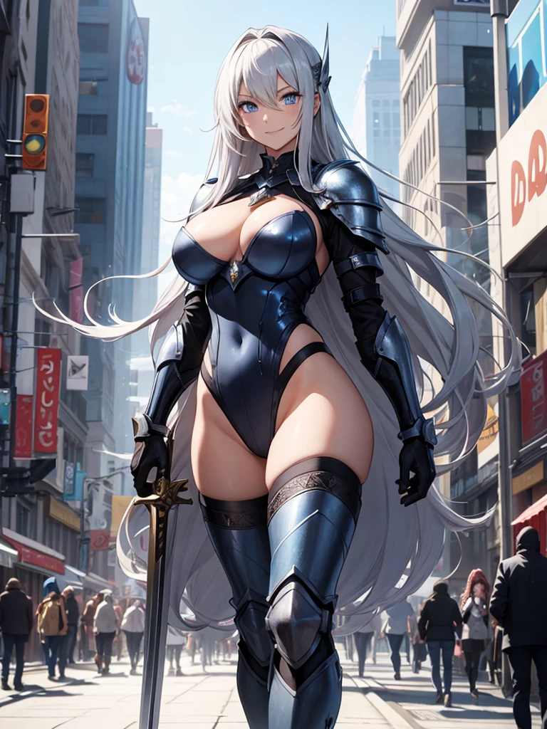 Female knight, leotard armor, long silver hair, blue eyes, smiling, walking in the crowded city, holding a weapon in hand, big bust