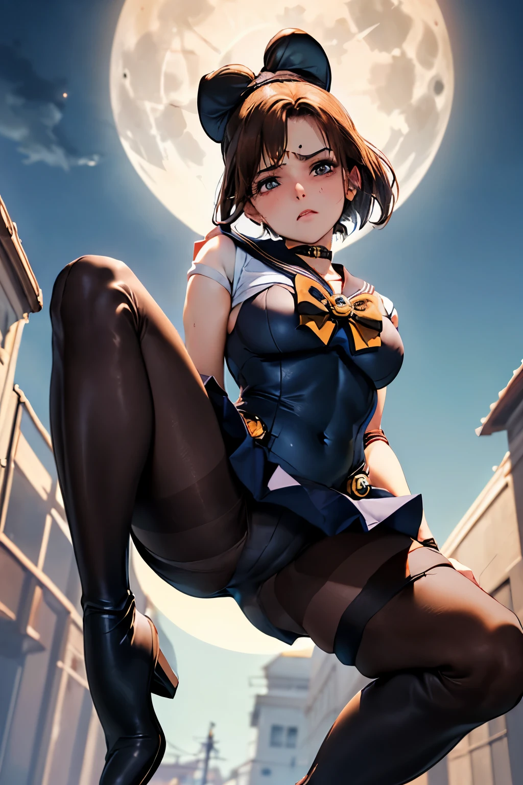 muste piece, best quality, 1 girl,brown hair, (black eye:1.2)、((Sailor Senshi Costume))、((embarrassed expression))、((full moon))、((Photo from below))、(((thigh high boots)))、((short hair))、((mini skirt))、((sailor suit))、((C cup breasts))、((spread legs))、((Jill Valentine))、(((Brown pantyhose)))