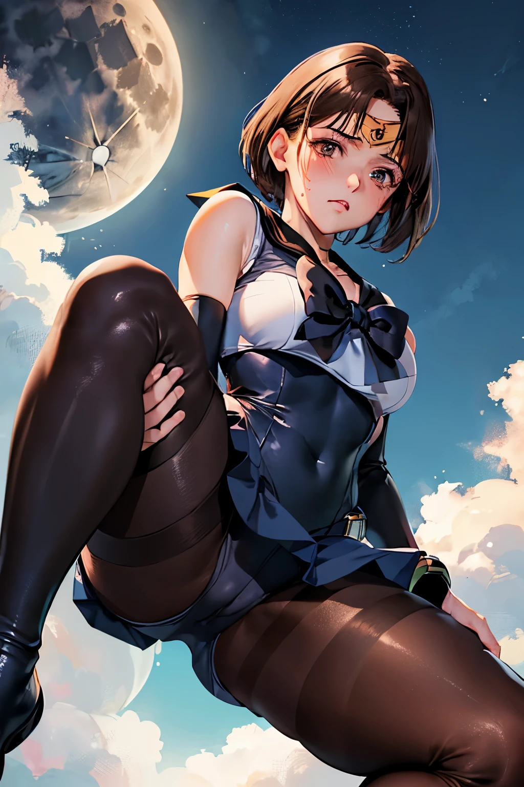 muste piece, best quality, 1 girl,brown hair, (black eye:1.2)、((Sailor Senshi Costume))、((embarrassed expression))、((full moon))、((Photo from below))、(((thigh high boots)))、((short hair))、((mini skirt))、((sailor suit))、((C cup breasts))、((spread legs))、((Jill Valentine))、(((Brown pantyhose)))