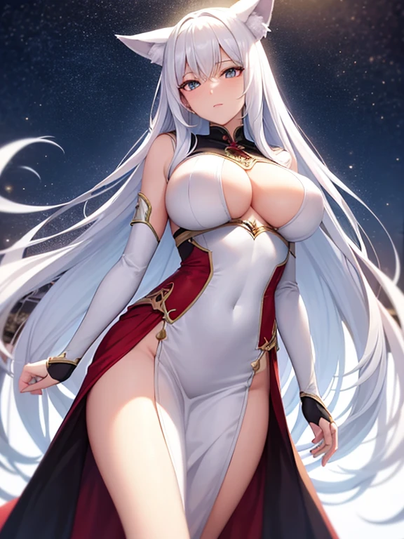 Beautiful woman (light skin) (long white hair) (white wolf ears) (white wolf tail) (beautiful blue eyes) (toned and slender body with a little big breasts) (light armor and red and black Slavic clothing) (proud posture) ( European forest) (night sky)