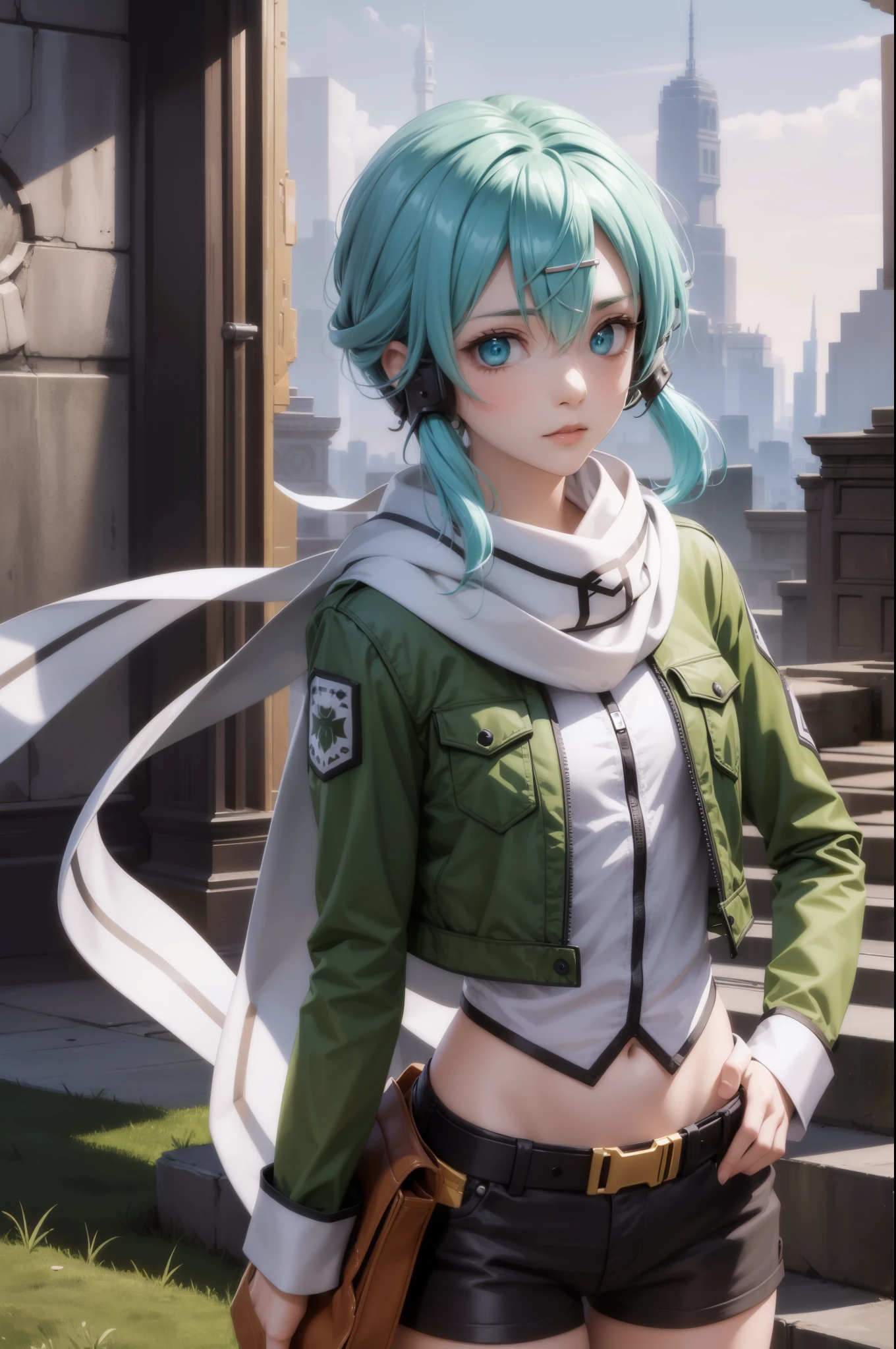 (masterpiece), best quality, expressive eyes, perfect face, highres, sinon1, scarf, fingerless gloves, long sleeves, short shorts, hair ornament, hairclip, green thighhighs, green jacket, thigh strap, hands on hip, field, ruins background, ruined structures, standing,upper body portrait, looking at the viewer