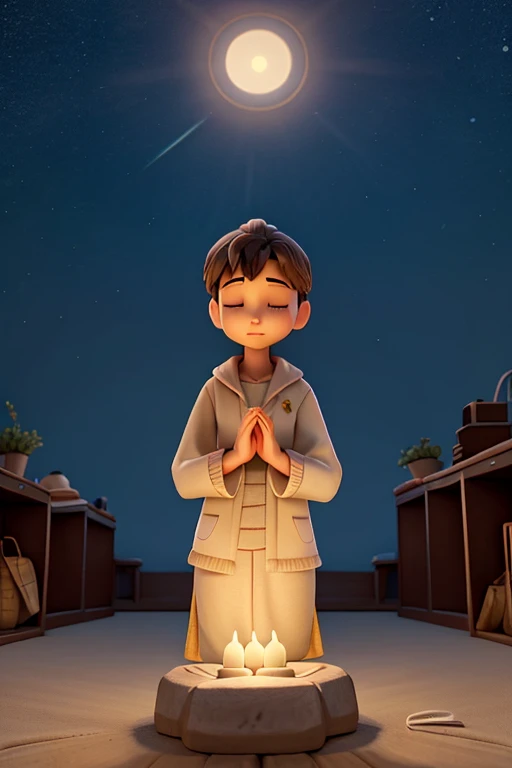 Create a peaceful scene with a person praying with lights brightening the sky