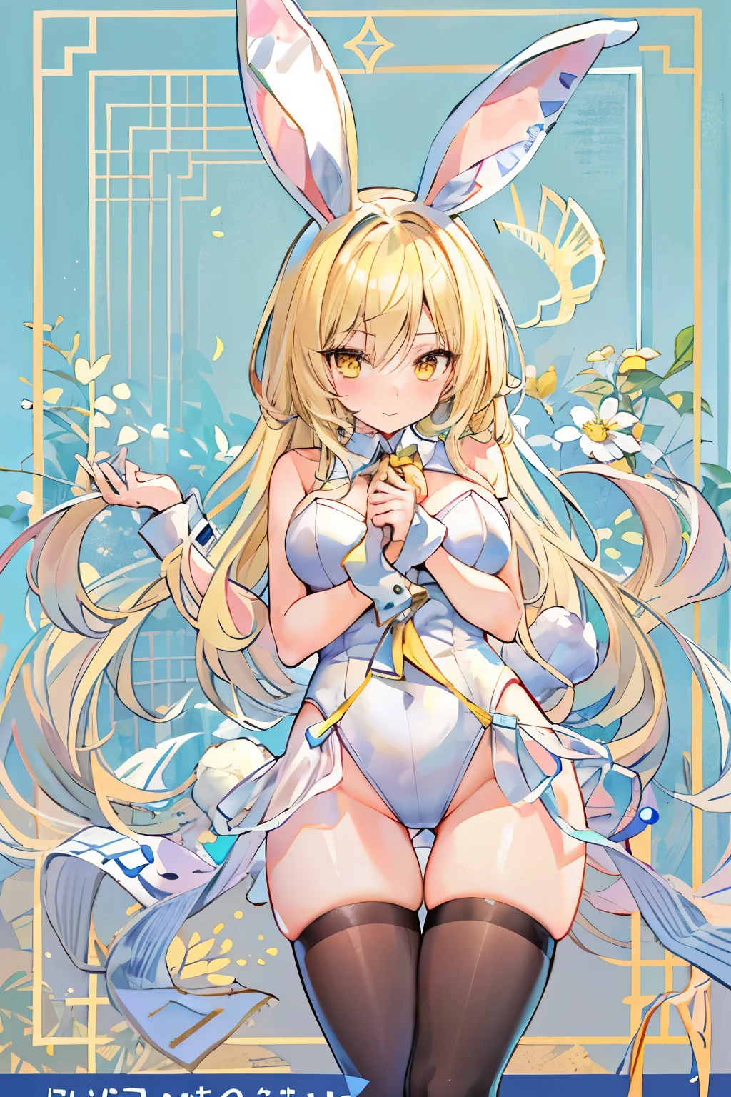 ice, 1 girl, alone, blonde hair, long hair, straight hair, yellow eyes, Sunny, Are standing, bunny costume, playboy bunny, Sexy armpits