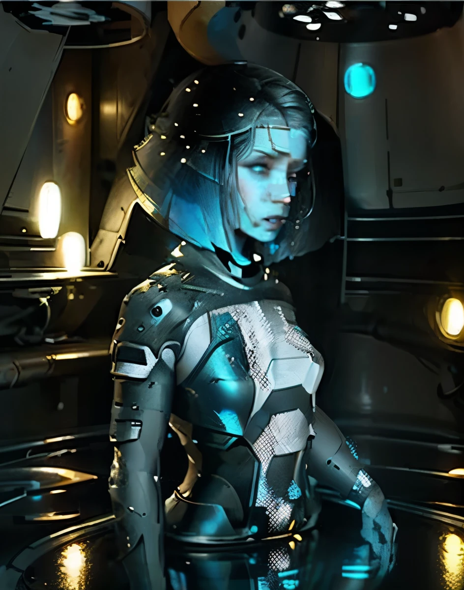 A hologram of a young woman, floating in a large octagonal room covered in wires and tubes, deep piercing eyes, transparent, short hair flowing, beautiful woman, glowing blue, very glowy, blue hologram