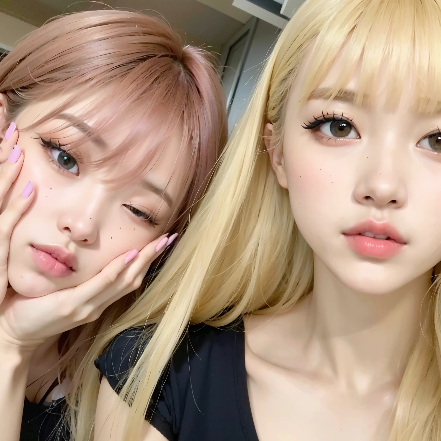 Dos mujeres con cabello largo y rubio y labios rosados posando para una foto., Lalisa Manobal, lalisa manoban of rosa negro, ulzzang, maquillaje popular de corea del sur, nixeu y sakimichan, con flequillo completo, roseanne park of rosa negro, el corte de hime, con flequillo, maquillaje coreano popular, rosa negro, long hair con flequillo completo
