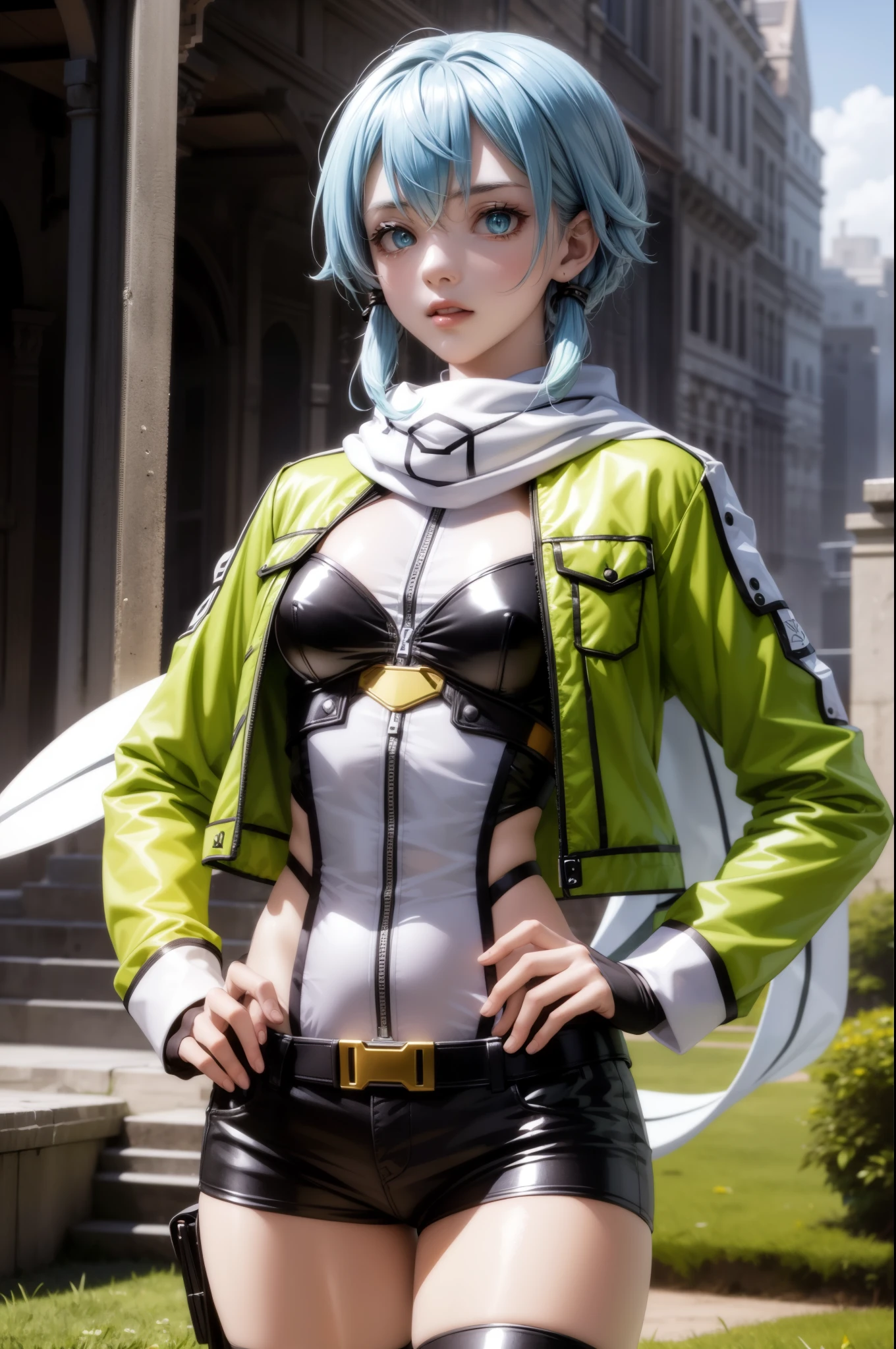 (masterpiece), best quality, expressive eyes, perfect face, highres, sinon1, scarf, fingerless gloves, long sleeves, short shorts, hair ornament, hairclip, green thighhighs, green jacket, thigh strap, hands on hip, field, ruins background, ruined structures, standing,upper body portrait, looking at the viewer
